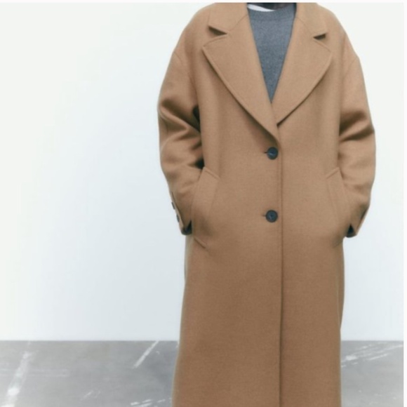 Zara Tan Wool Blend Oversized Coat M - Picture 4 of 16